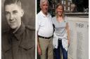 Corporal Kenneth Charles Harnwell in uniform (left). Right, Maurice Cowling with daughter Faith Cowling, Kenneth’s nephew and great niece respectively, standing by the Wisbech war memorial. Pictures: FAMILY