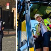 Former Mayor James Palmer (right) firmly in control of things on the site of the first £100k homes at Fordham. Now there's a man in the driving seat (Mayor Dr Nick Johnson, left) who took the levers of control this week. He pledged to scrap £100k