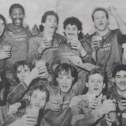 Wisbech Town players celebrate reaching the semi-finals of the 1985-86 FA Vase under manager Roy McManus.