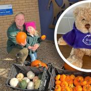 Camilla Stacey (L) and her daughter Ellie Veal (R) from Pumpkins at Freshfields have donated pumpkins to Hinchingbrooke Hospital for children to enjoy over Halloween,