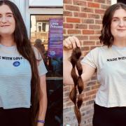 Activities coordinator Emily Jackson before and after she had 22 inches of hair chopped off for charity