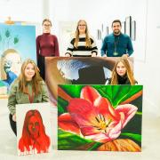Artists at Thomas Clarkson Academy. Top row from left to right: Monika, Emmie and teacher Sam Ross. Bottom row left to right: Emily and Oresta.
