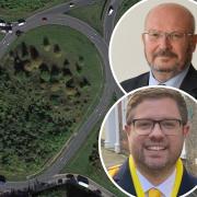 A bid to revamp King's Lynn's Pullover roundabout is on hold. Inset: County councillors Graham Plant and Rob Colwell
