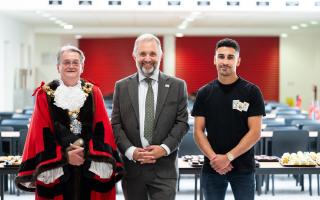 The Mayor of Wisbech, Peter Human (L) and boxer Jordan Gill (R) joined Principal Richard Scott at the Thomas Clarkson Academy end-of-term awards night.