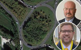 A bid to revamp King's Lynn's Pullover roundabout is on hold. Inset: County councillors Graham Plant and Rob Colwell